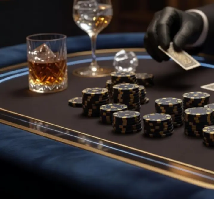 Stół pokerowy przygotowany na wieczór eventowy z kartami i żetonami