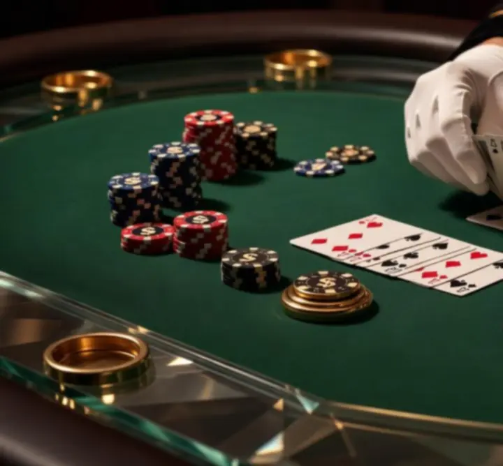 Profesjonalna oprawa stołu pokerowego z krupierem i sprzętem kasynowym.