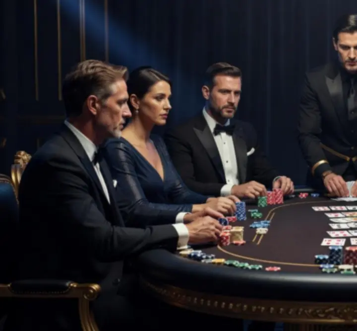 Goście grający przy eleganckim stole pokerowym podczas wieczoru kasynowego